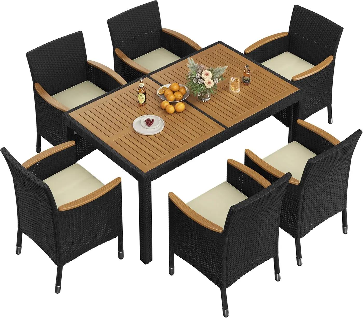 Yaheetech 7 Piece Patio Furniture Set, Outdoor Dining Acacia Wood Table Top Rattan Conversation Set with Soft Cushions, 6 Chairs &amp; 1 Table for Backyard, Deck, Garden &amp; Yard, Black/Beige