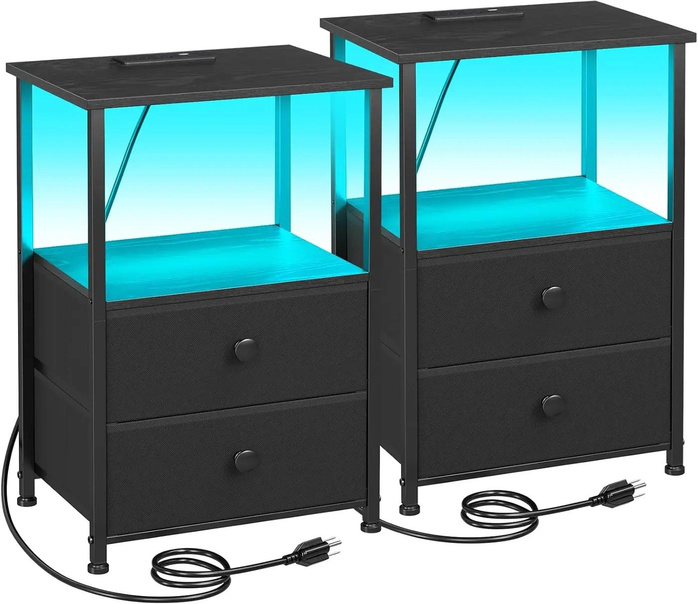 LOAKEKEL Night Stand Set 2, LED Nightstand with Charging Station, End Tables with Storage Shelf, Bed Side Table with 2 Fabric Drawers for Bedroom, Small Spaces, Black, HETS02BK The Forest Stewardship Council
