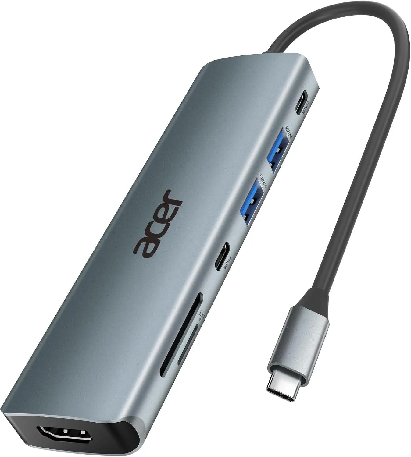 Acer USB C Hub, 7 in 1 Multi-Port Adapter for Laptop, 4K, HDMI Splitter with 2 USB A 3.1 &amp; Type-C to HDMI Data Port, PD 100W Charging, SD Card Reader for Computer, Desktop, Space Grey Recycled Claim Standard 100 ClimatePartner certified