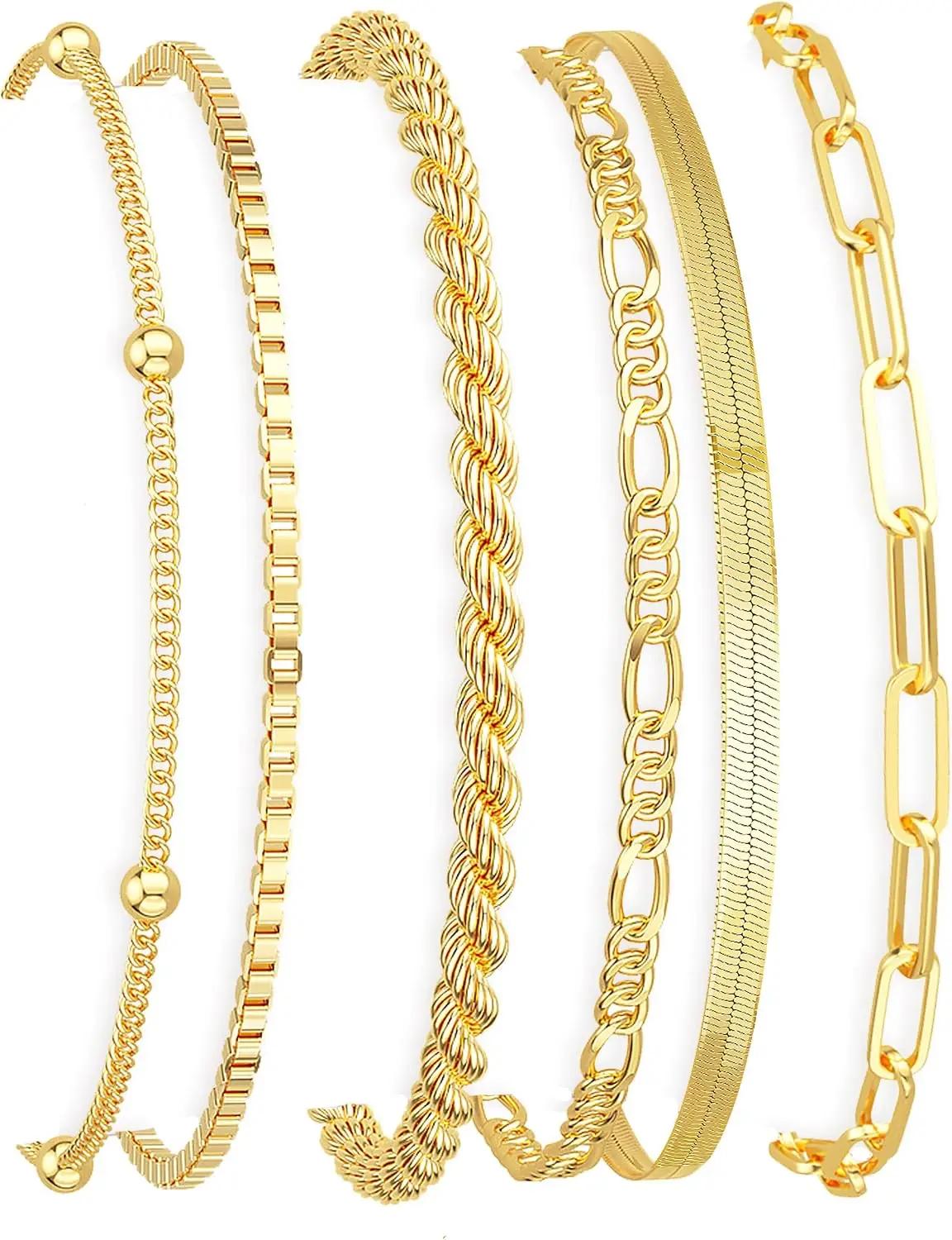 DEARMAY Mothers Day Gifts for Mom Gold Bracelets for Women Waterproof, 14K Gold Plated Jewelry Sets Trendy Thin Dainty Stackable Cuban Link Paperclip Chain Bracelet Pack Fashion Accessories Gifts for Womens