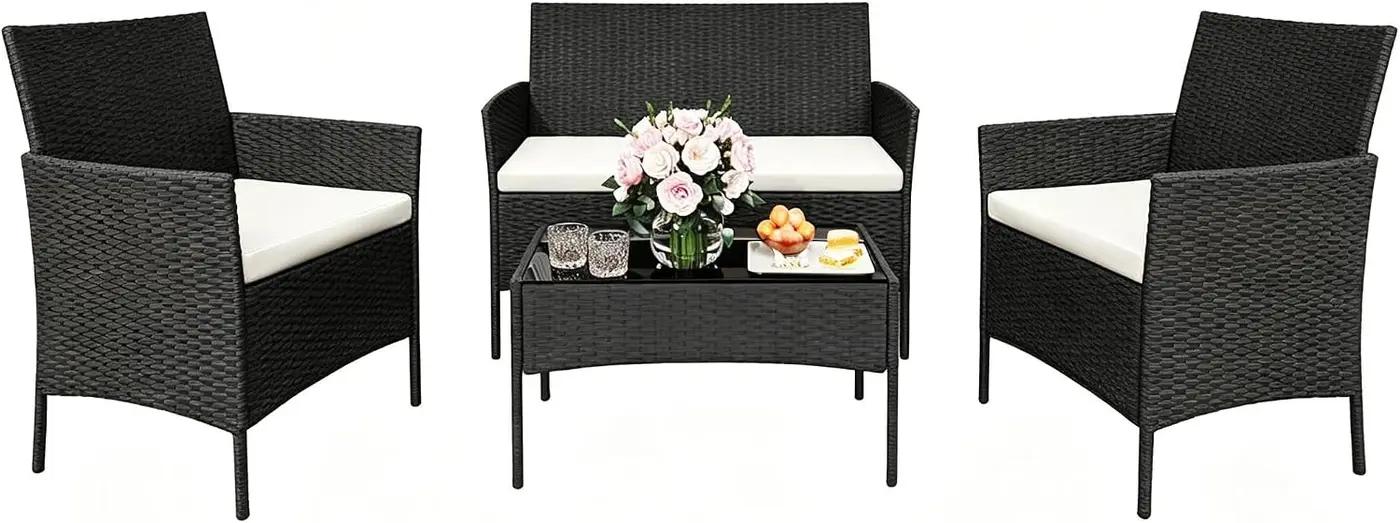 GAOMON 4 Piece Patio Furniture Set, Modern Patio Conversation Set with Glass Coffee Table, PE Wicker &amp; Cushions for Poolside, Deck, Balcony, Black &amp; Beige