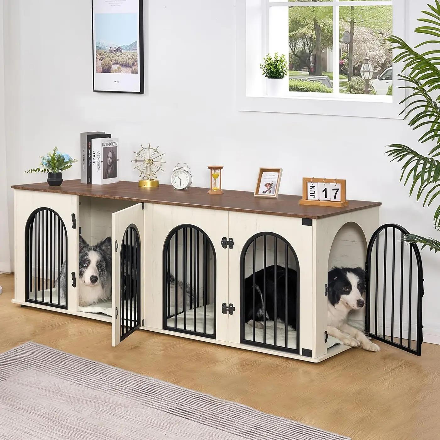 Hzuaneri 71" Dog Crate Furniture for 2 Dogs, Heavy Duty Indoor Dog Kennel TV Stand, XL Wooden Dog Cage with Divider for Medium Large Dogs, End Table Dog Crate with Cushion, White Brown DFC81914B