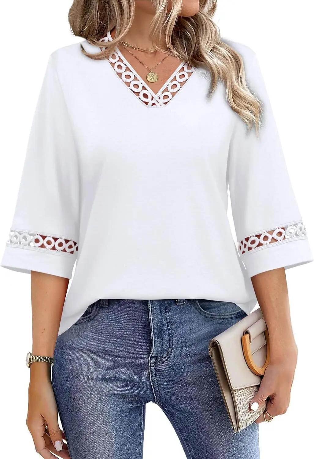 WIHOLL Womens Tops Eyelet Lace V Neck Bell Sleeve Blouses Dressy Casual Work Shirt 2026 Summer Spring Fashion Clothing OEKO-TEX STANDARD 100