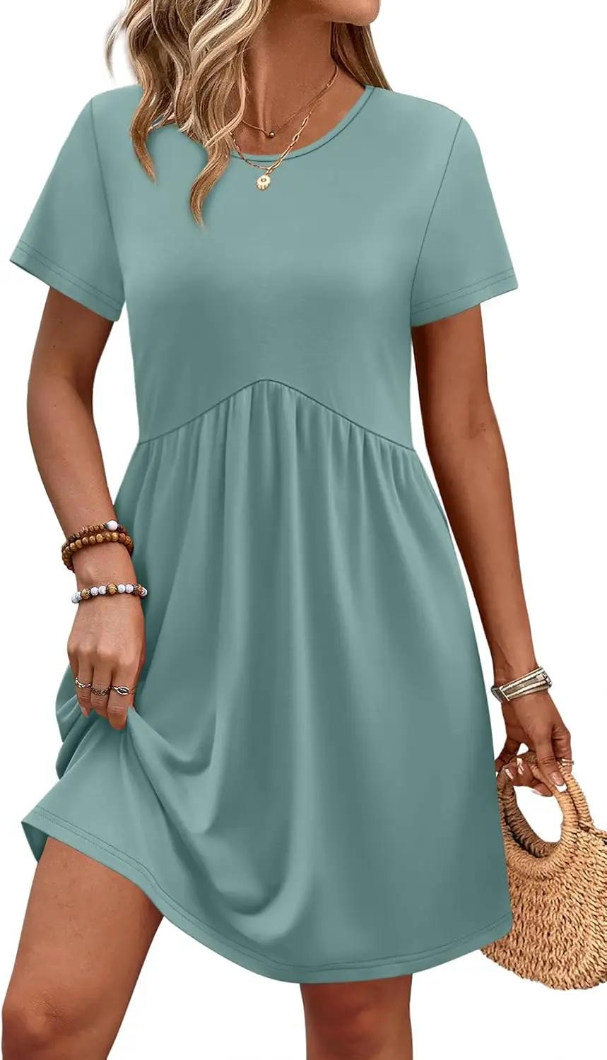 OFEEFAN Spring Dresses for Women 2026 Short Sleeve Crew Neck Casual Dresses Empire Waist Maternity Dress with Pockets