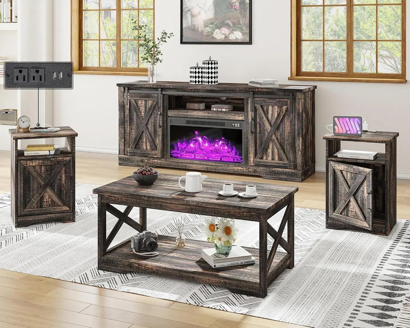 AMERLIFE 5-Piece Farmhouse Table Set Includes Fireplace TV Stand, Coffee Table&amp; Two End Tables with Charging Station and USB Ports, for Living Room, Dark Oak, 63"