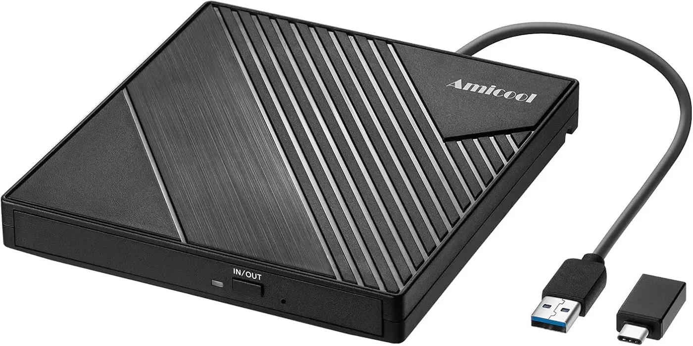 Amicool External DVD Drive USB 3.0 USB C CD Burner CD/DVD +/-RW Optical Drive, Slim Portable DVD CD ROM Rewriter Writer Duplicator for Laptop Desktop PC Windows 11/10/8/7 MacBook Mac Linux OS Apple