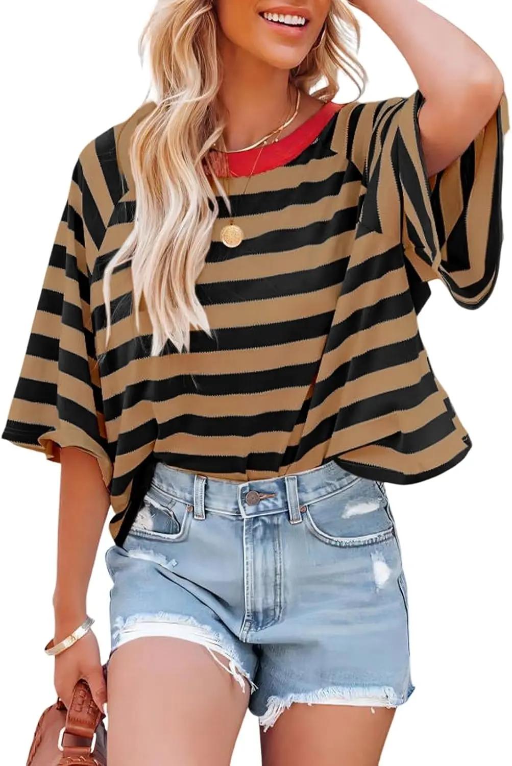 Dokotoo Tops for Women Striped 2026 Fashion T Shirts for Women Color Block Crewneck Design Loose Basic Tee