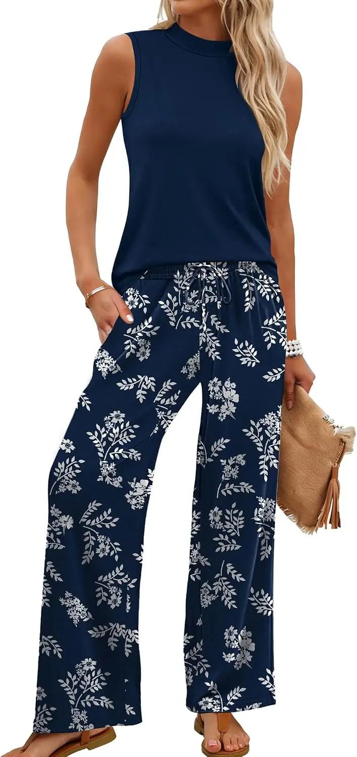 WIHOLL Two Piece Set for Women Summer Spring Outfits Cruise Travel Airport Beach Vacation Mock Neck Wide Leg Pants Set OEKO-TEX STANDARD 100