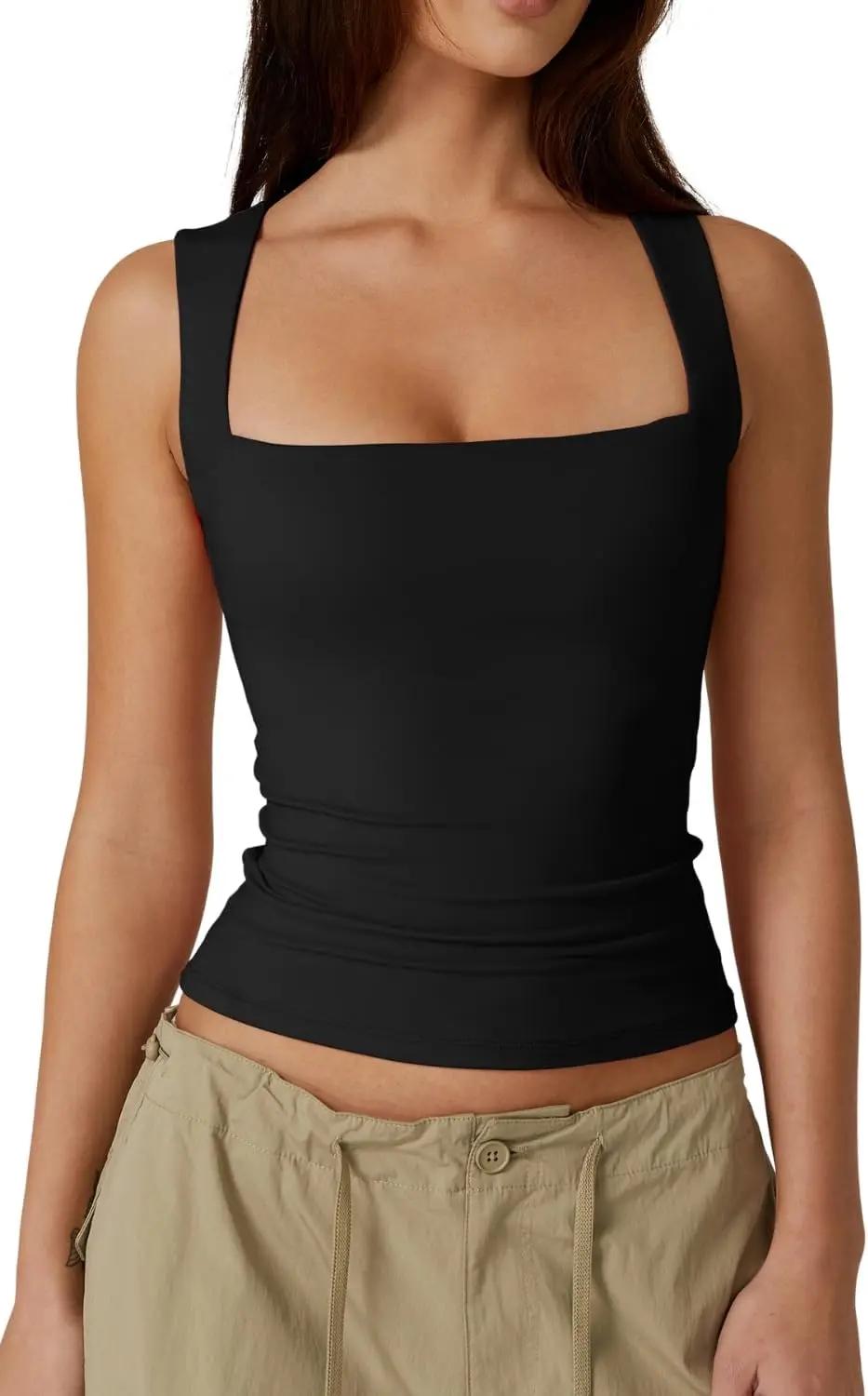 QINSEN Women's Double Layer Tank Tops Square Neck Sleeveless Basic Tight T Shirts