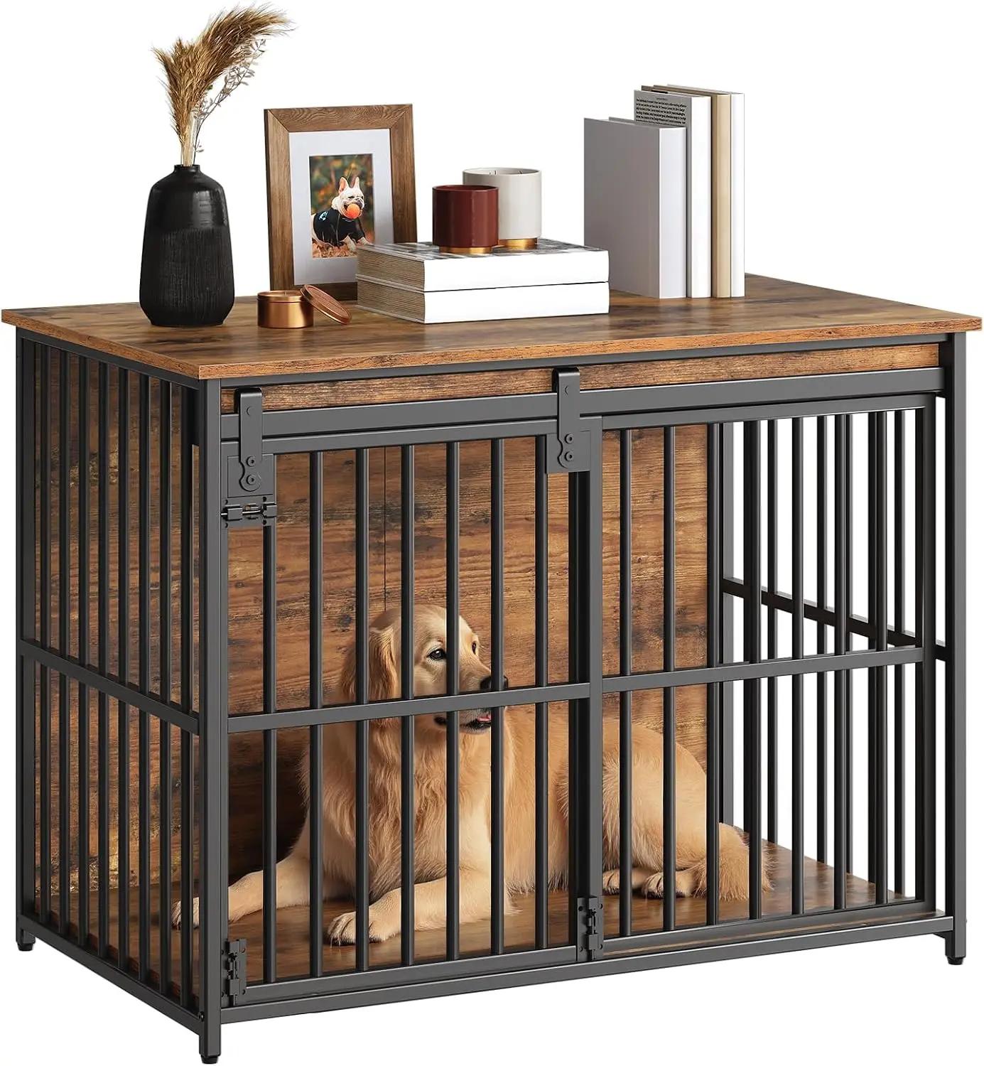 HOOBRO Dog Crate Furniture, 36.6" Heavy Duty Dog Kennel with Sliding Barn Door, Wooden Dog Cage Indoor, Decorative Side End Table for Small/Medium Dogs, Rustic Brown and Black FG162GW03G1 The Forest Stewardship Council