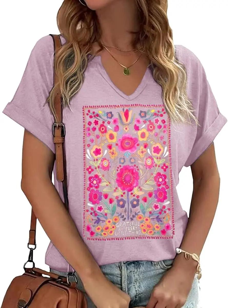 Earlymemb Womens Vintage Flowers V Neck Shirt Boho Floral Wildflowers Graphic Tee Casual Cottagecore Short Sleeve T Shirt
