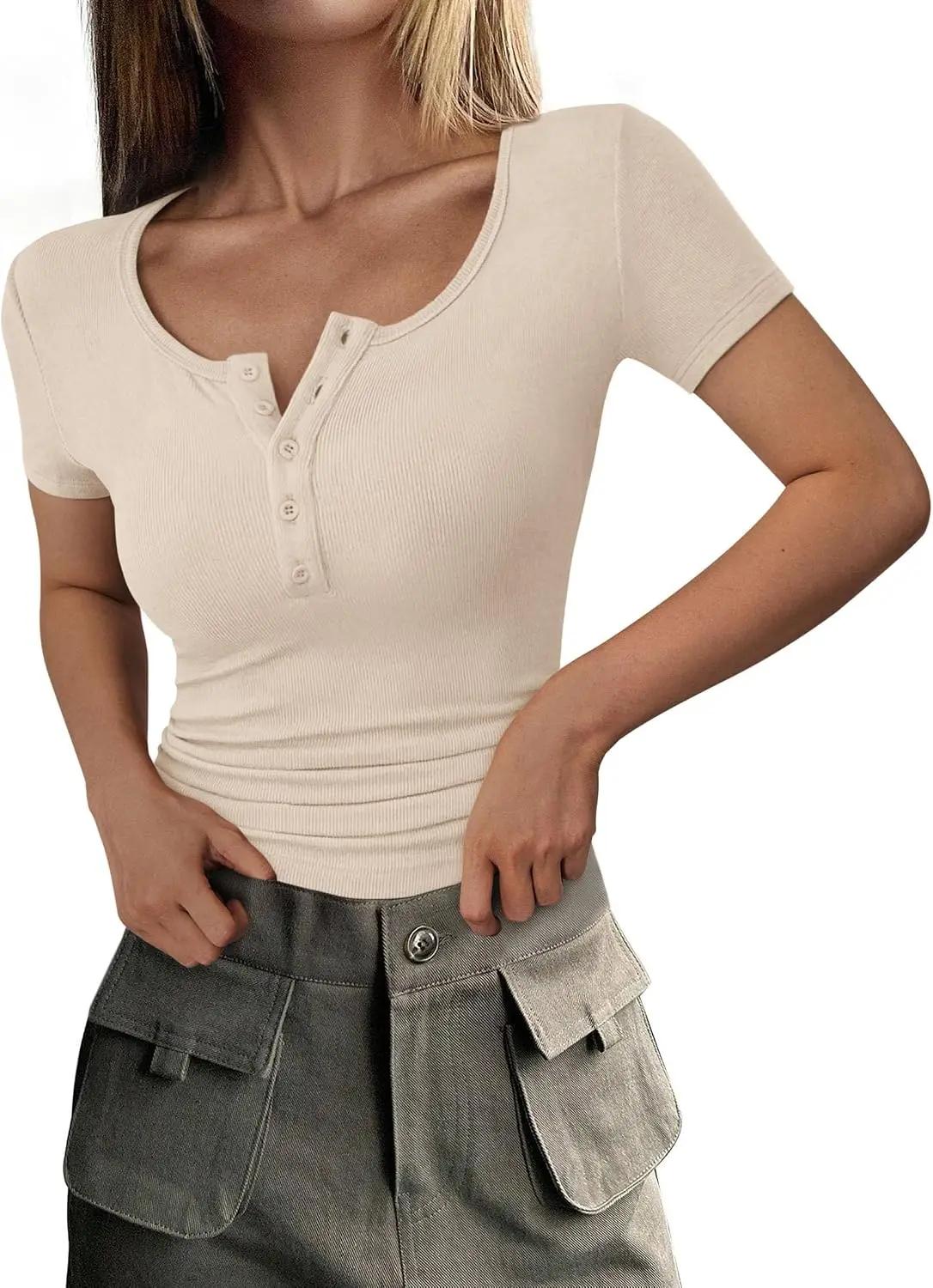 PRETTYGARDEN Womens 2026 Summer Short Sleeve Tops Ribbed Henley Button Slim Fit Basic Casual T Shirts Blouse Fashion Clothing OEKO-TEX STANDARD 100