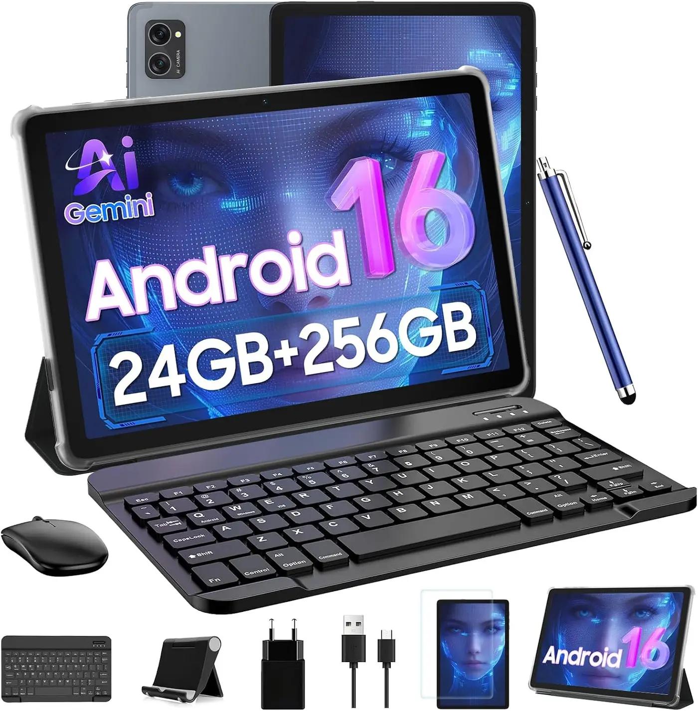 Tablet 2026 Latest Android 16 Tablets with 10.1 Inch Incell Display, 24GB RAM 256GB ROM /2TB TF, Gemini AI, T606 Octa-Core+8MP Camera, 5000mAh, Widevine L1, 2 in 1 Tablets with Keyboard Mouse Stylus ClimatePartner certified