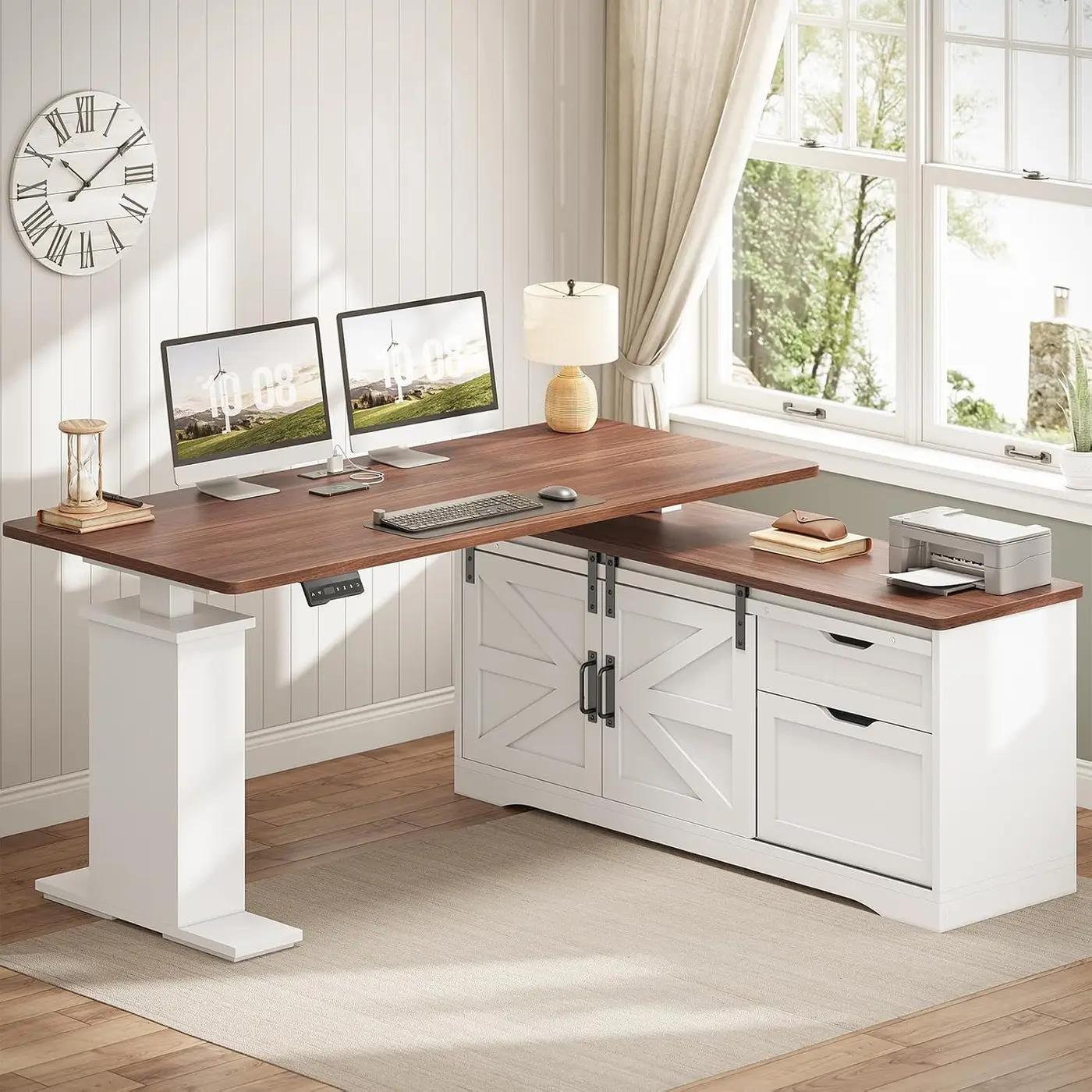 SEDETA Farmhouse L Shaped Standing Desk, 55 inch Height Adjustable Corner Desk with Storage Drawers, Standing Computer Desks with Power Outlets for Home Office, White The Forest Stewardship Council