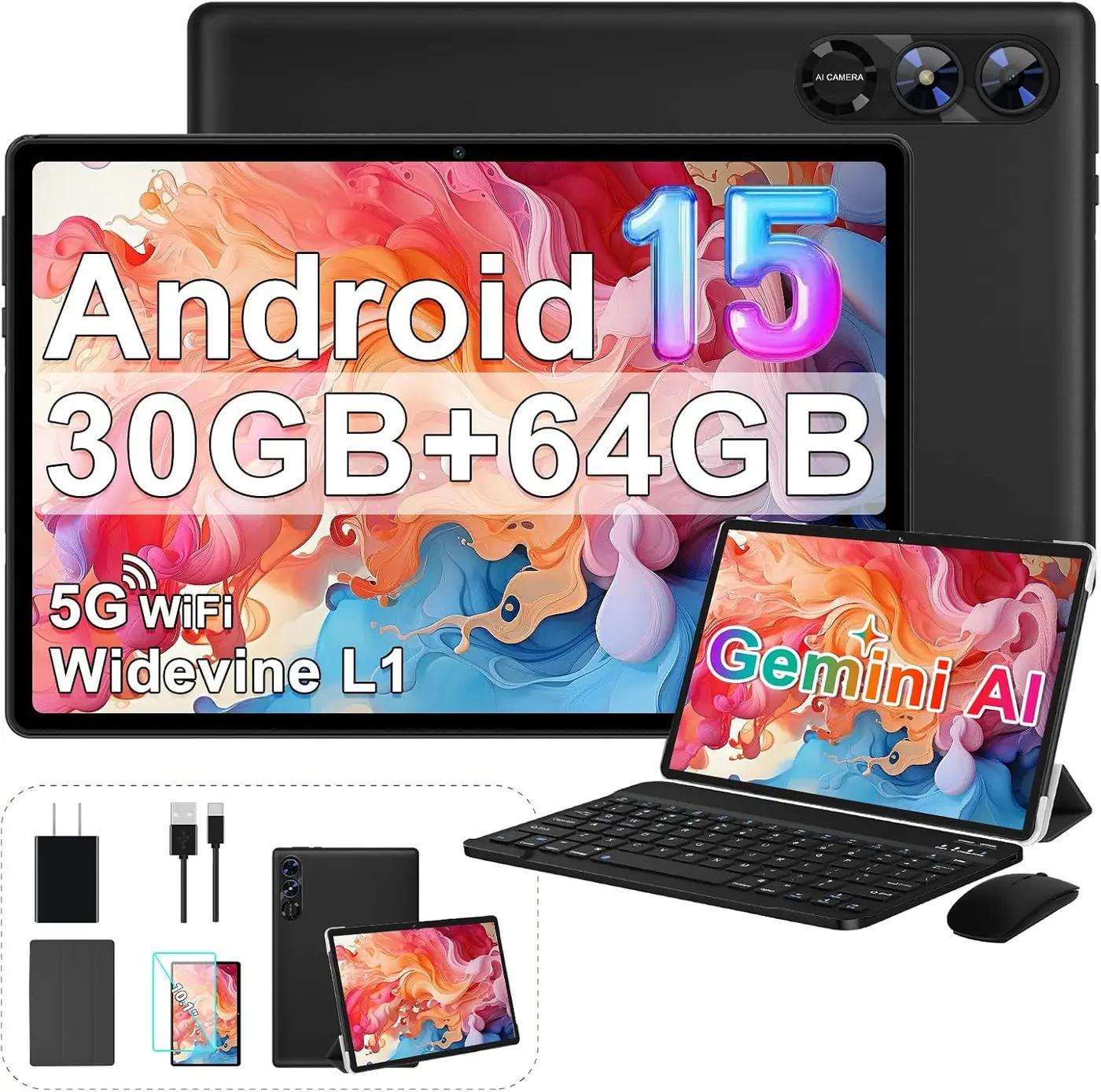 2026 Android 15 Tablet, 10 Inch Tablets with Gemini AI, 30GB+64GB+1TB Expand, 2-in-1 Octa-Core Electronics Tablets with Keyboard, Mouse, 5G WiFi, 6000mAh, GPS, Widevine L1, Split Screen -Black