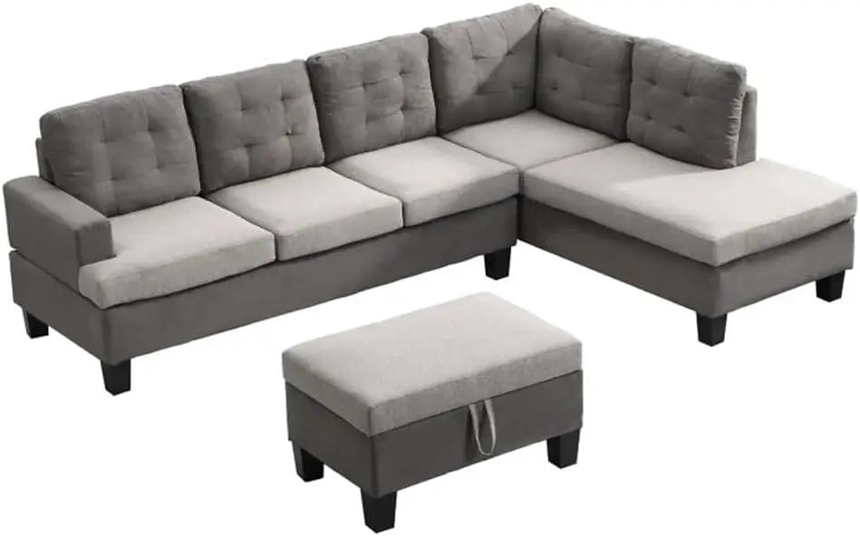 Sofa Set for Living Room with Chaise Lounge and Storage Ottoman Furniture，Interior Furniture, for,Gray
