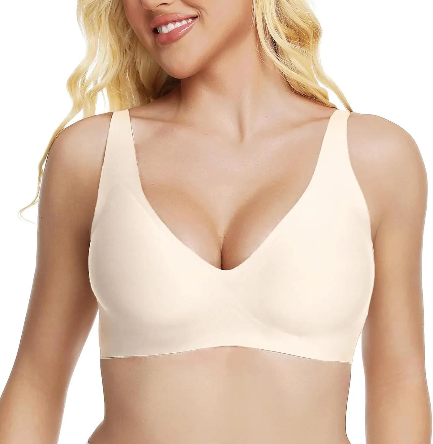 Jelly Wireless Bra Deep V Push Up Seamless T-Shirt Comfortable Plunge No Underwire Bras with Adjustable Straps Everyday Bras OEKO-TEX STANDARD 100