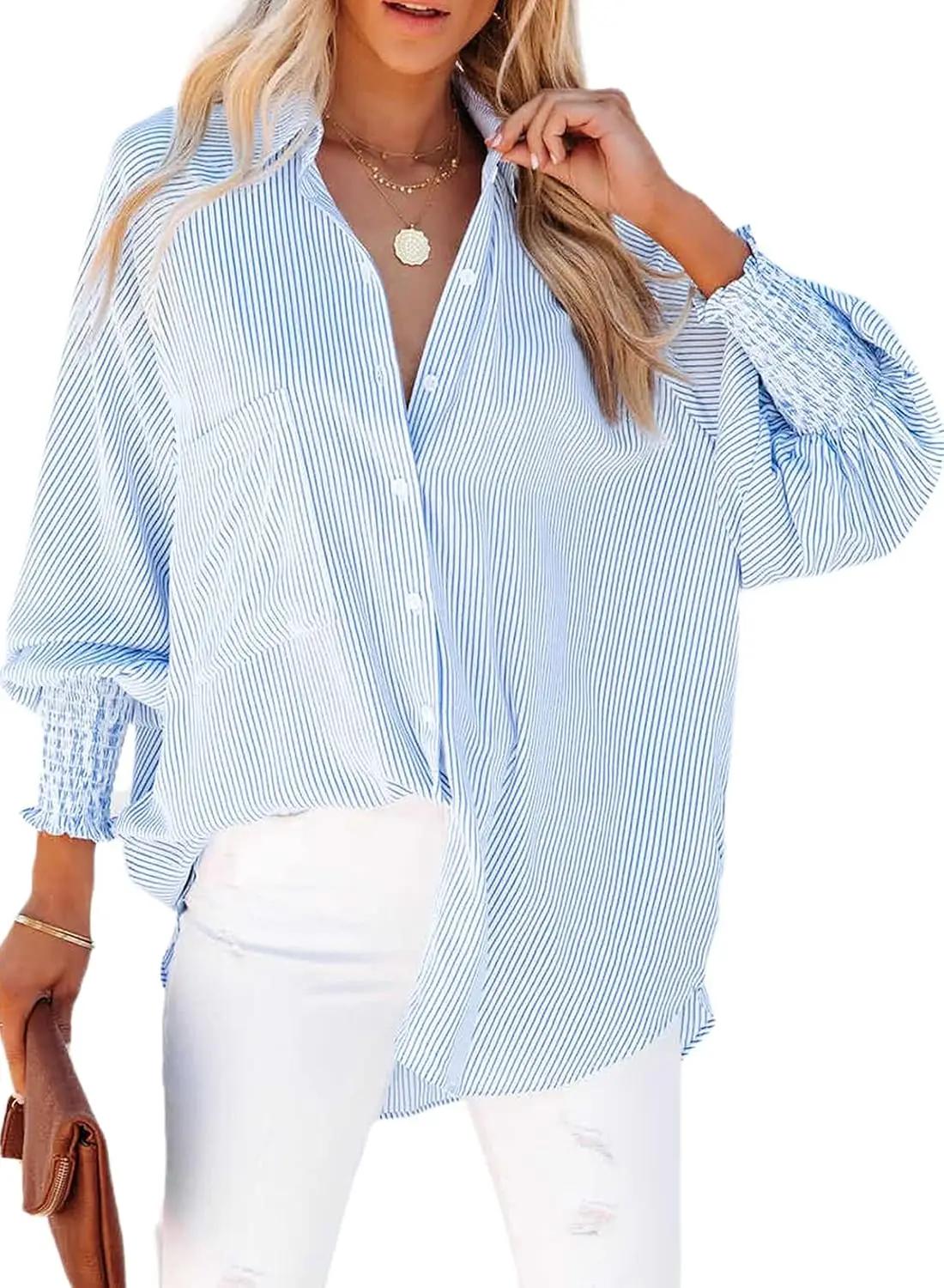 LEMAFER Womens Smocked Cuffed Striped Boyfriend Shirt Casual Collar Long Sleeve Oversized Button Down Blouse Tops with Pocket Shirred