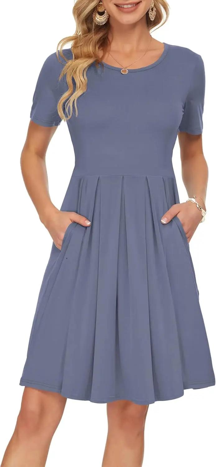 AUSELILY Women's Short Sleeve Summer Dress Pleated Loose Swing Knee Length Dresses with Pockets 2026 New OEKO-TEX STANDARD 100