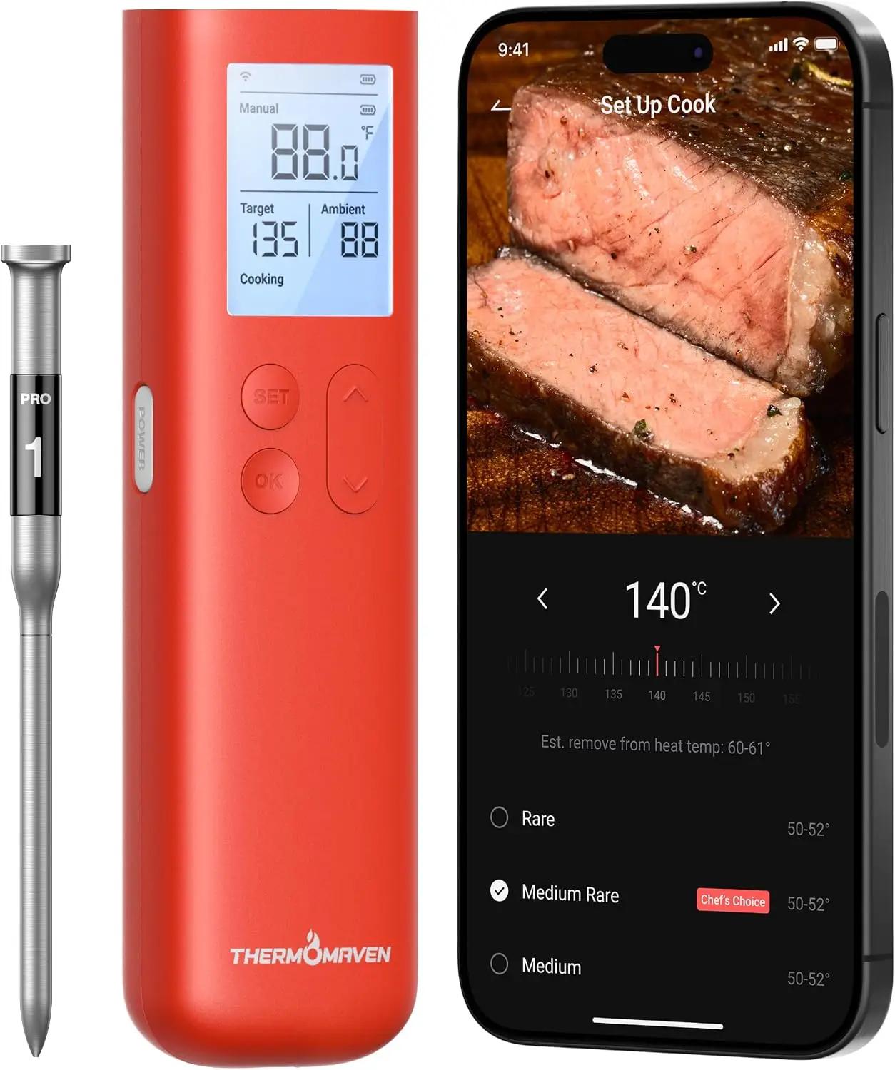 ThermoMaven Smart Bluetooth Wireless Meat Thermometer, 10X Enhanced Sub-1G Signal and Stability, Standalone Display Base, Certified Accuracy ±0.5°F, WiFi Unlimited Range for BBQ, Oven, Smoker, Grill ClimeCo Certified
