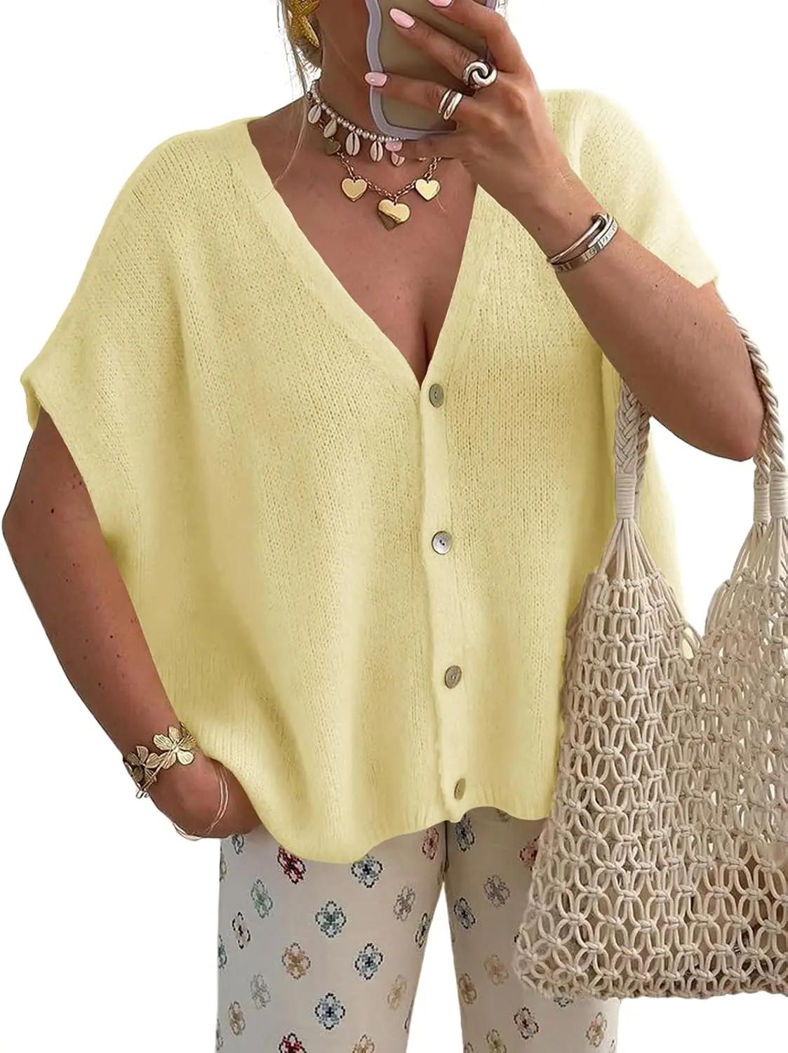 Saodimallsu Womens Spring Oversized Cardigans Batwing Short Sleeve Lightweight Button V Neck Casual Knit Sweater Tops