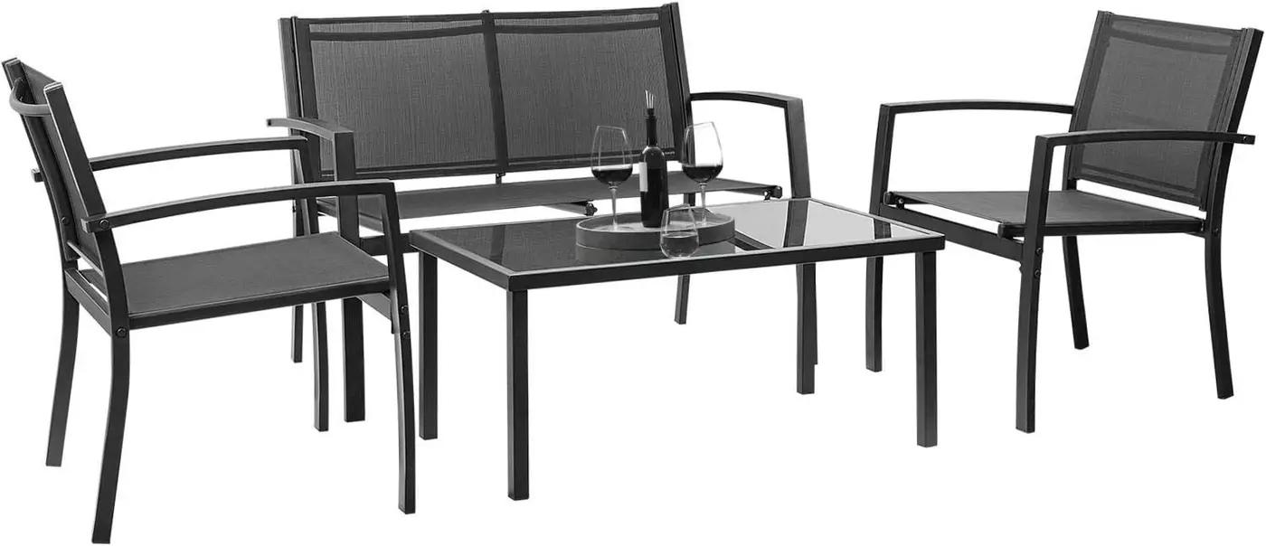 Devoko Outdoor Furniture Set 4 Piece Patio Conversation Sets Porch Furniture with Lawn Chairs &amp; Glass Coffee Table for Garden Poolside (Black)