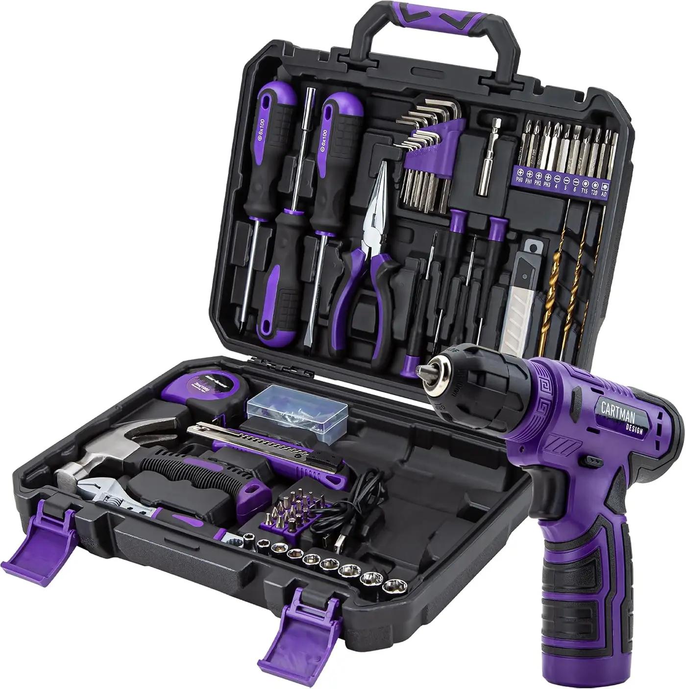 CARTMAN 150-Piece Household Tool Set, 8V Cordless Drill Driver Kit, Complete Hand Tool Kit for Home Maintenance, DIY Projects and Repairs, Purple Global Recycled Standard