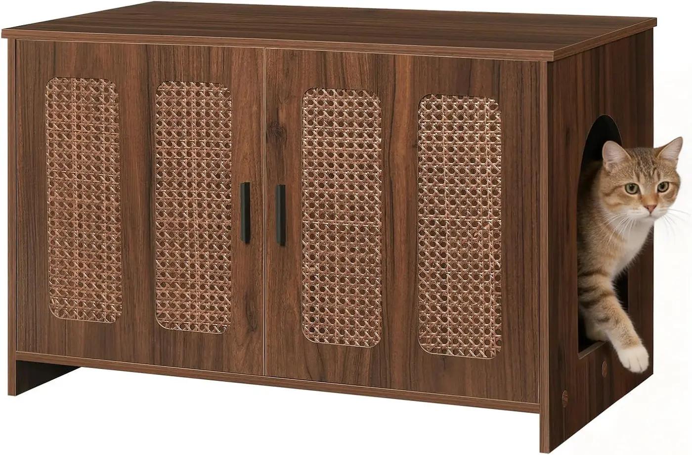 HOOBRO Farmhouse Cat Litter Box Enclosure, Hidden Litter Box Furniture with Side Entry &amp; Vents, Litter Box Cabinet with Double Woven Doors, Side Table for Living Room, Bedroom, Walnut WL33MW01