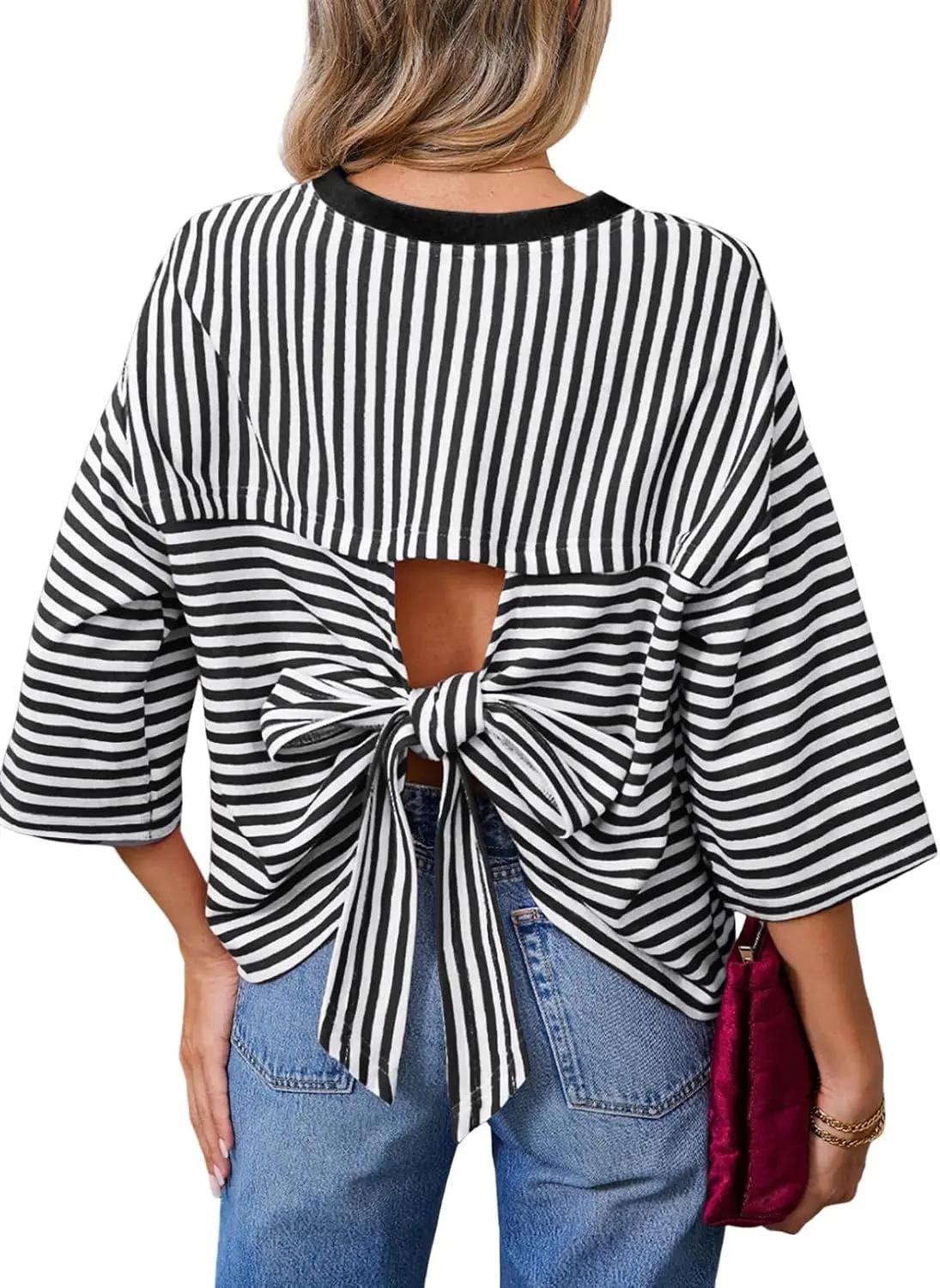 Dokotoo Womens Tops 2026 Striped Tie Back Short Sleeve T Shirts Crewneck Casual Loose Basic Tee Summer Outfits
