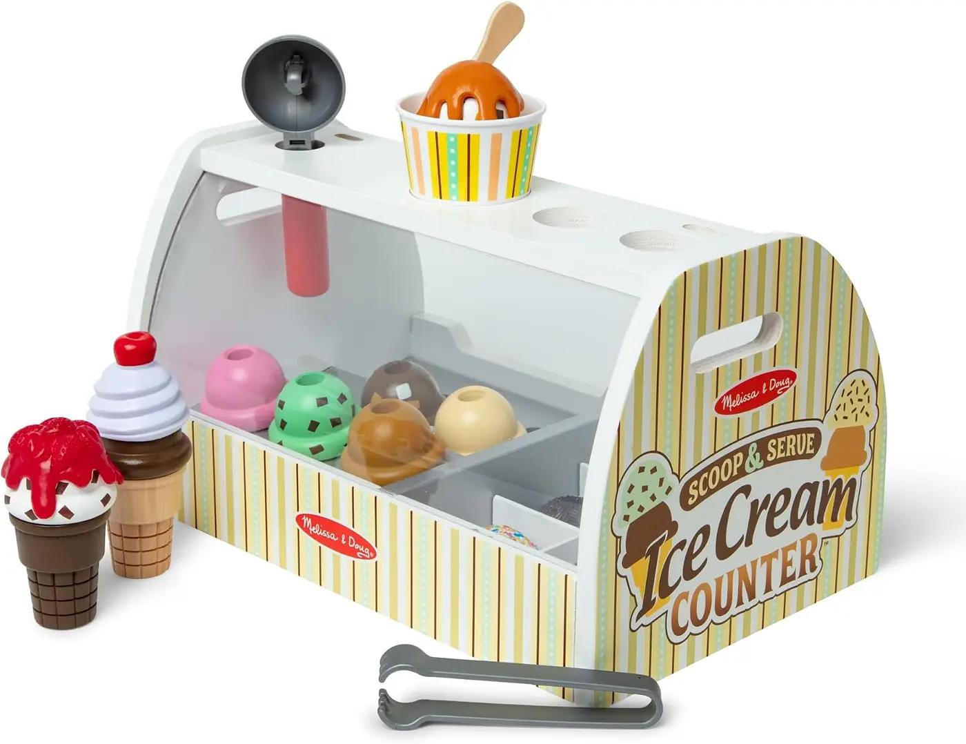 Melissa &amp; Doug Wooden Scoop &amp; Serve Ice Cream Counter, Pretend Play Store, 28 Toy Food &amp; Play Kitchen Accessories, Preschool Toys for Girls &amp; Boys 3+
