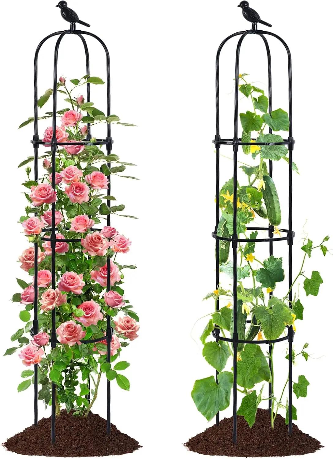 FOLLOOK Garden Trellis Obelisk for Climbing Plants, Lightweight Metal Plant Support for Roses Clematis Vines, Rustproof Decorative Trellis for Outdoor Garden Patio Planter, Black, 2 Pack