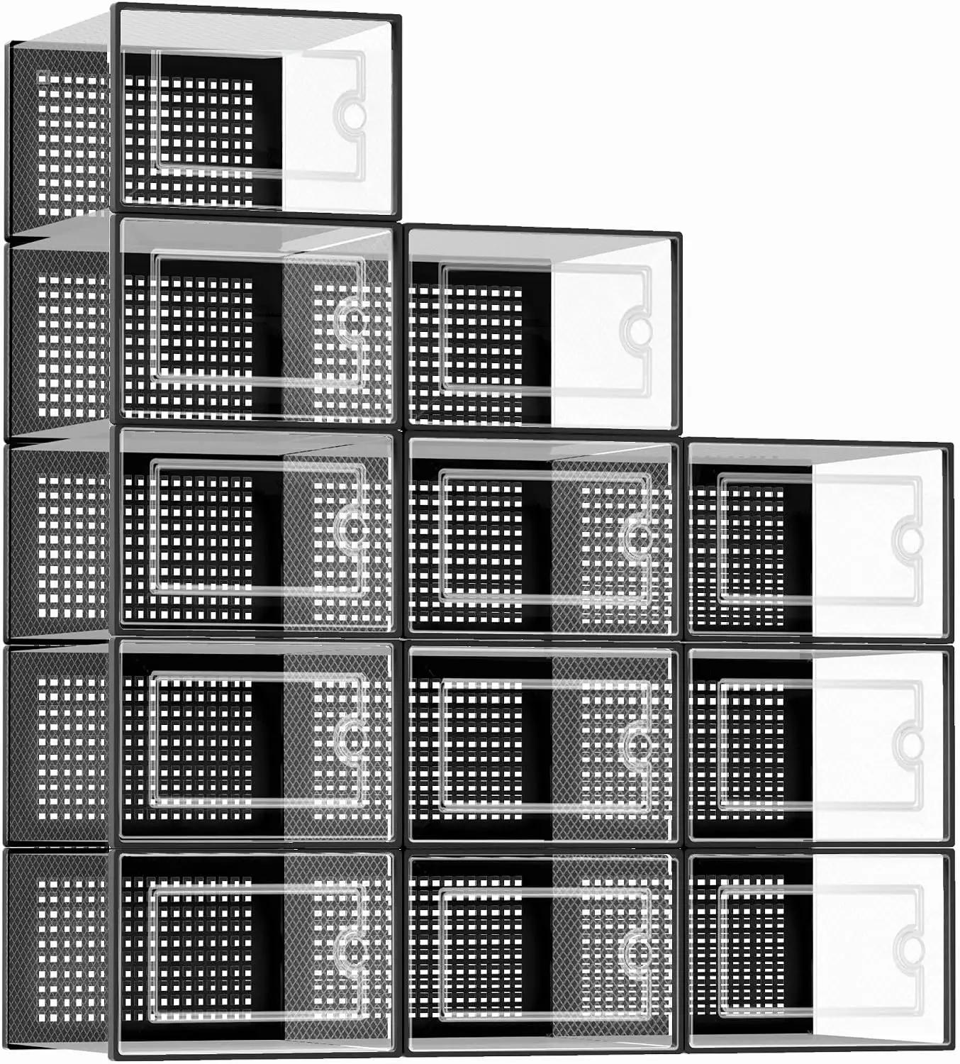 Kuject X-Large Shoe Storage Boxes Organizers Clear Plastic Stackable 12 Pack, Shoe Rack &amp; Holder Substitute, Sneaker Containers, Toy Storage Organizer Bins for Entryway, Closet, Under Bed, Black