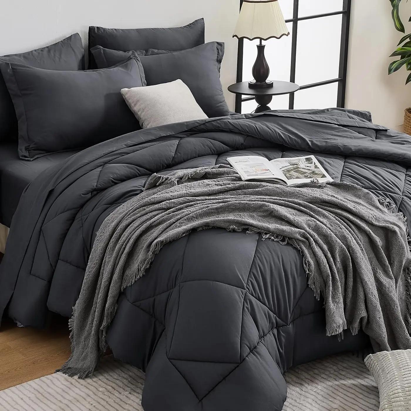 HEVUMYI 7 Pieces Queen Comforter Set, All Season Reversible Bed in a Bag, Ultra Soft Queen Bedding Set with Grey Comforter, Flat Sheet, Fitted Sheet, Pillowcases, Pillow Shams, Dark Grey OEKO-TEX STANDARD 100