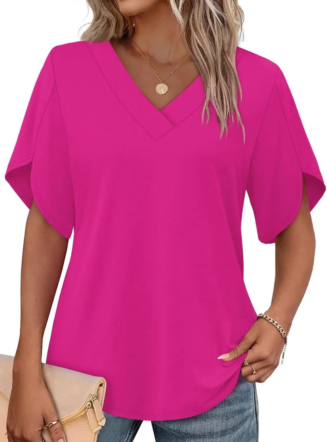 WIHOLL Womens Summer Tops Short Petal Sleeve Shirts Fashion V Neck Womens Clothing