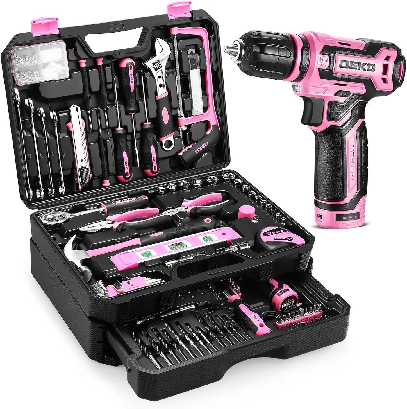 Pink Tool Kit Box Drill Set：DEKOPRO Home Mechanic Toolbox with 12V Power Cordless Drill Hand Repair Tools Sets Combo Kits Storage Organizer Drawer Case for Men &amp; Women