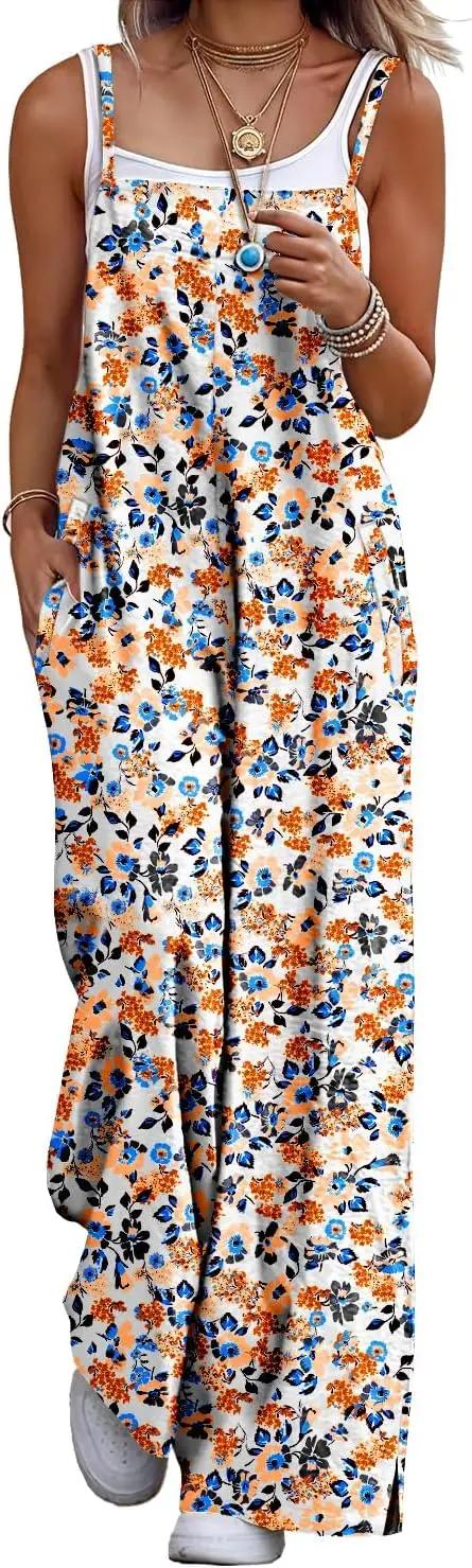 YESNO Women's Summer Boho Cotton Casual Jumpsuits Wide Leg Overalls Floral Print Baggy Rompers with Pockets PZZCR