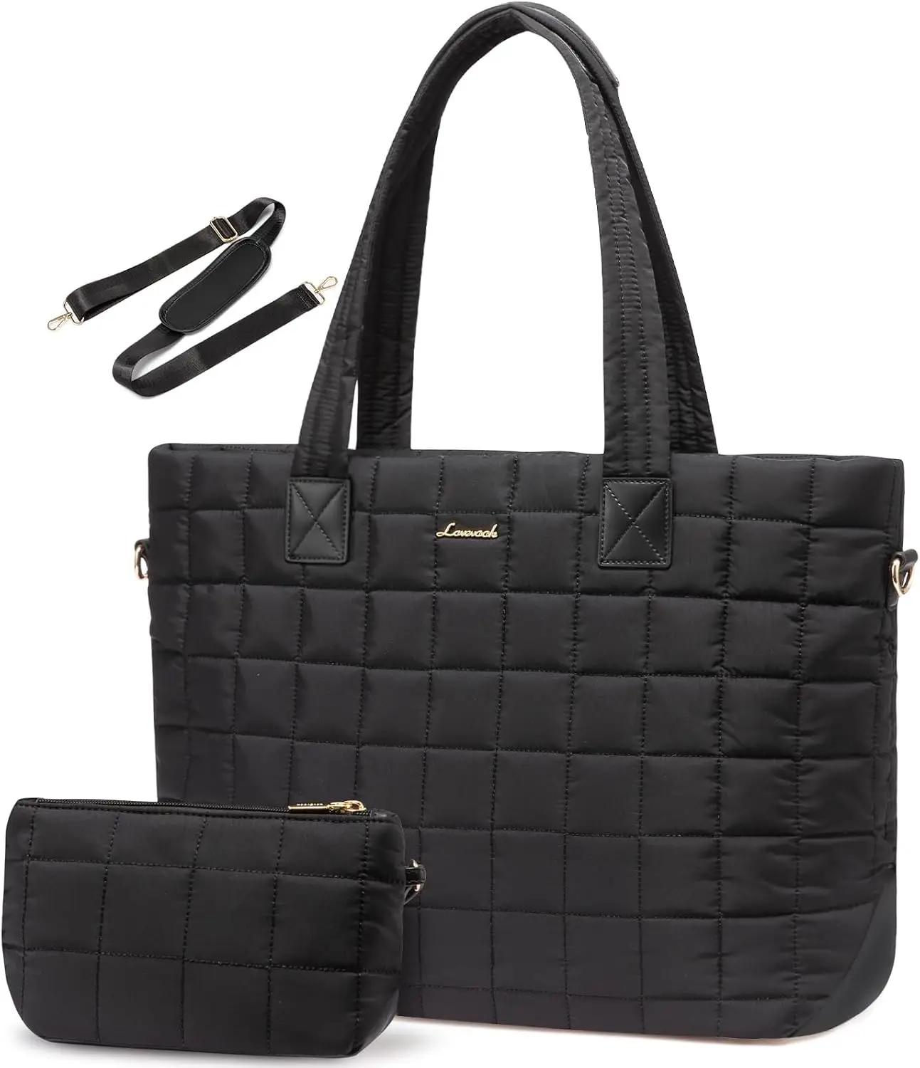 LOVEVOOK LOVEVOOK Laptop Tote Bag for Women, 15.6 Inch Large Puffer Work Tote Computer Bags, Quilted Women's Shoulder Purse Bag with Zipper, Teacher Office Handbag for Travel College Business, Gifts, Black