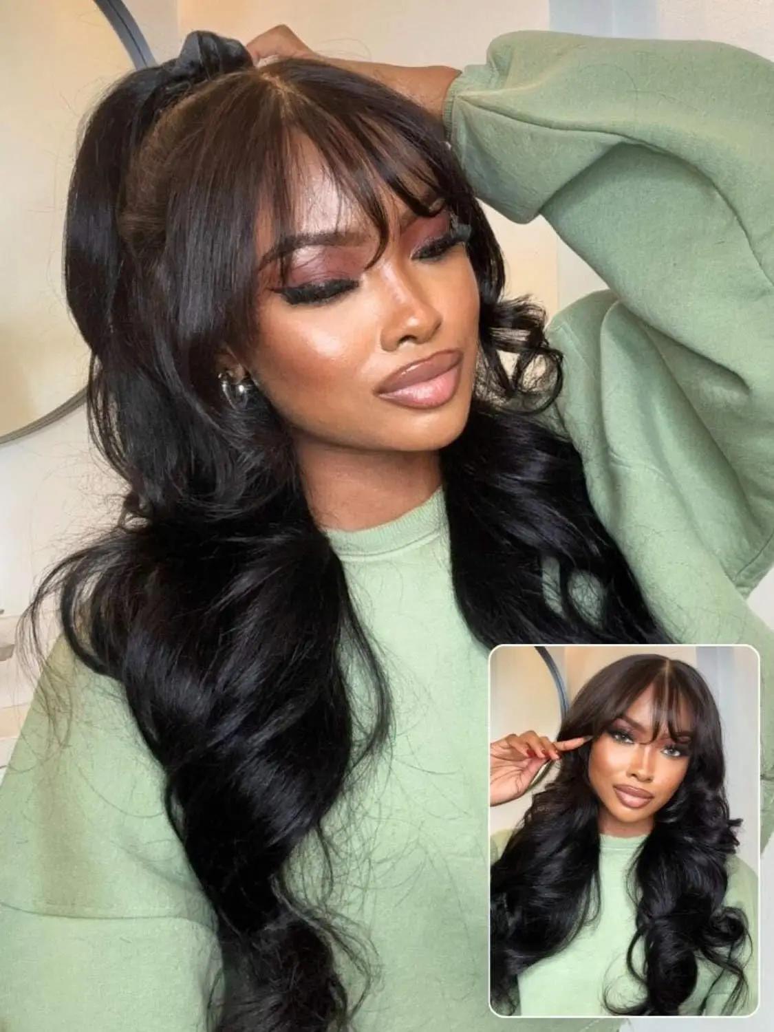 Beauty Forever Bye Bye Knots Glueless Fluffy Body Wave Curtain Bangs Wig Pre Plucked Pre Cut 7x5 Lace Front Human Hair 3S Ready to Wear 180% Density 24 Inch