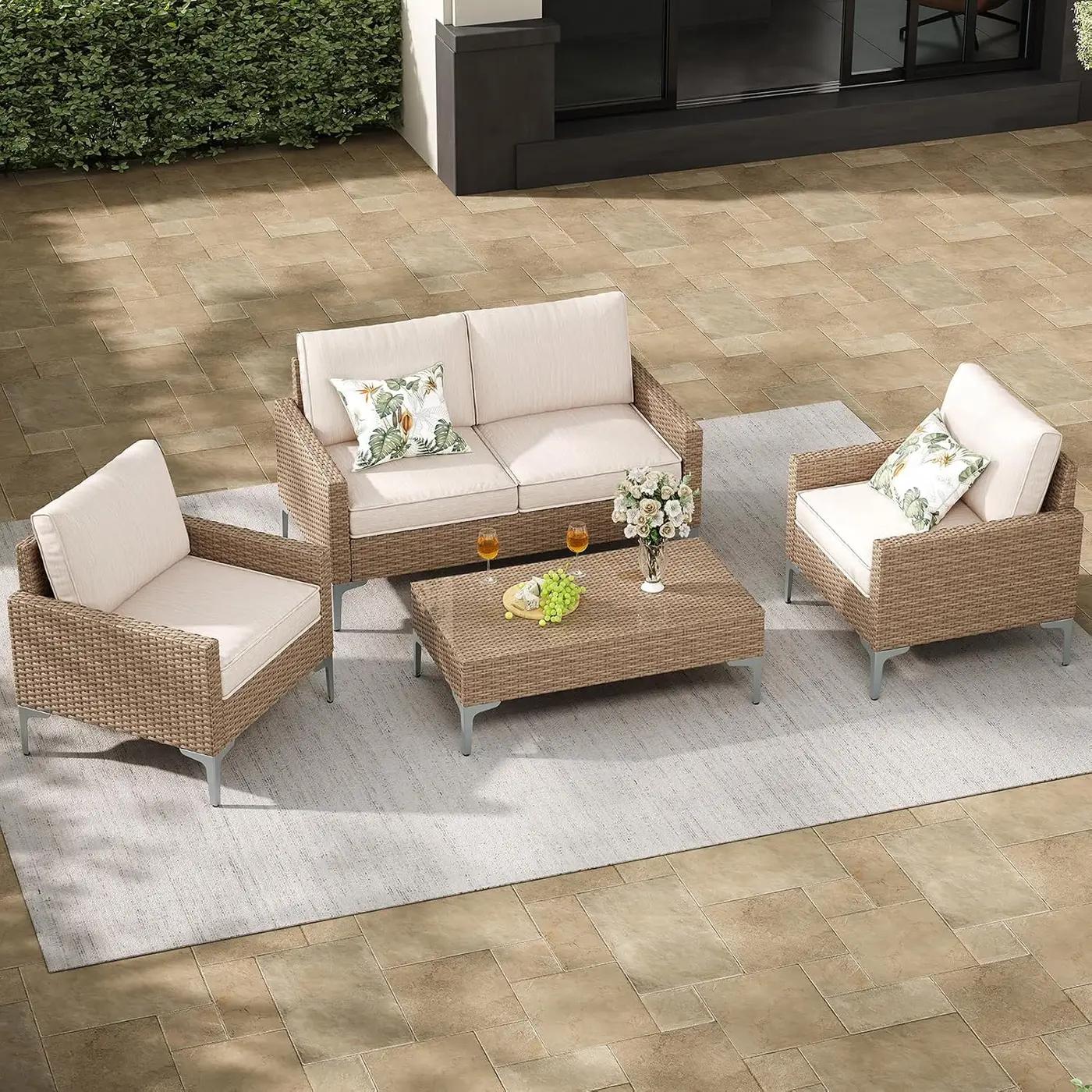 4-Piece Outdoor Sectional Sofa Set, All-Weather Wicker Patio Furniture with L/R armrest &amp; Tempered Glass Table, Comfortable Garden Conversation Set for Backyard, Poolside, Deck,Beige