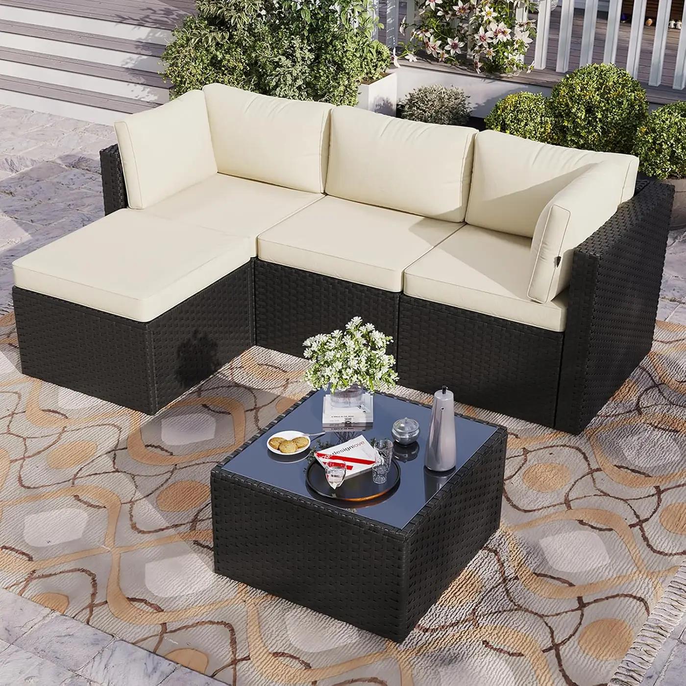 Aoxun Outdoor Patio Furniture Set, 5-Pieces All-Weather Rattan Sectional Sofa Conversation Set with Glass Coffee Table for Backyard Porch Poolside, Beige Recycled Claim Standard Blended